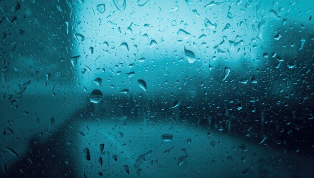 Water droplets on glass with bright blue hues in a high contrast photo