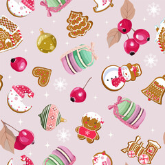 A beautiful Christmas pattern featuring gingerbread cookies and Christmas tree decorations, perfect for decorating textiles and wrapping paper.
