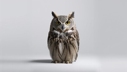 A majestic Great Horned Owl, Bubo Virginianus Subarcticus, posed against a plain white background, created with AI technology