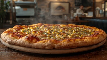 Close-up of unique pizza featuring corn, creamy cheese, and oregano