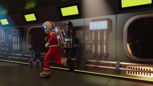 Astronaut in spacesuit running through a space station corridor - rear view. Sci-fi space station interior. 3d looped cartoon animation