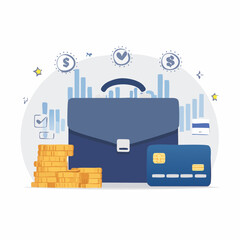 Flat lay illustration of a briefcase with a credit card and gold coins surrounded by financial icons and graphs on a white background.