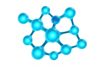 Blue molecule structure forming a conceptual network, representing science, chemistry, and biotechnology on a transparent background