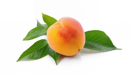 Single apricot fruit with leaf on plain white backdrop, healthy summer food