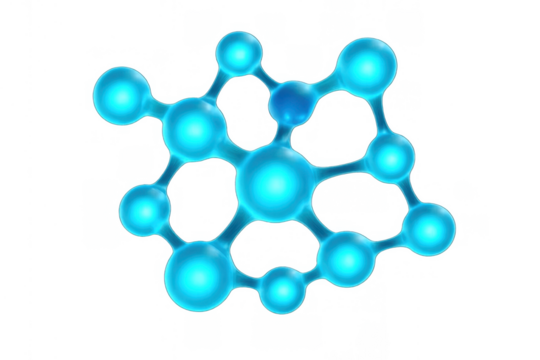 Blue molecule structure forming a conceptual network, representing science, chemistry, and biotechnology on a transparent background - Powered by Adobe