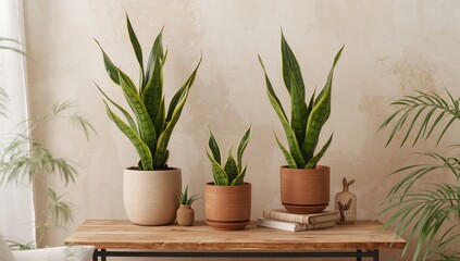 A pair of tall snake plants and a tiny one displayed on a wooden surface indoors