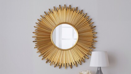 Round Wall Mirror Featuring Isolated Sun-Ray Design with Gold Edging