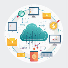Flat lay illustration of a cloud computing concept with various devices and icons on a white circular background.