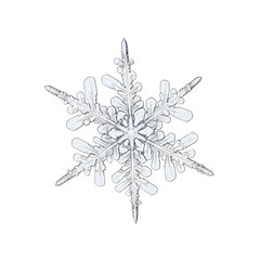 Close-up of a perfectly symmetrical, icy snowflake against a black background