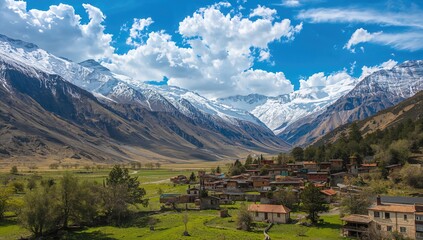 Vegetation in the valley appears solely close to settlements. A glimpse of a mountain village with snow-covered peaks in the background.