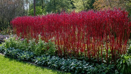 Red tree branches arranged as a decorative fence enhancing the garden scenery