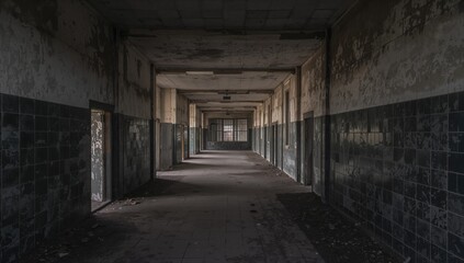 Inside an old deserted military barracks building, hallway and large room in a forgotten urban site