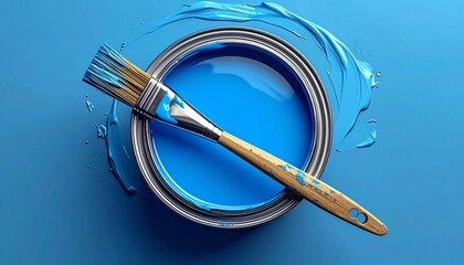 A vibrant perspective of a paint can with brush creating a splash of blue colors