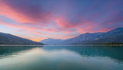 Scenic view of water and mountains with lush greenery and open sky