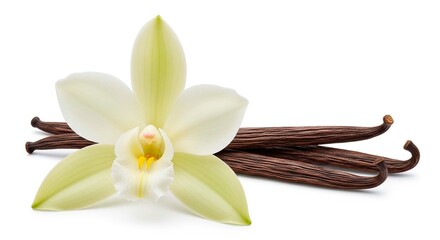 A vanilla orchid flower with pale petals and vanilla beans arranged on a white background surface