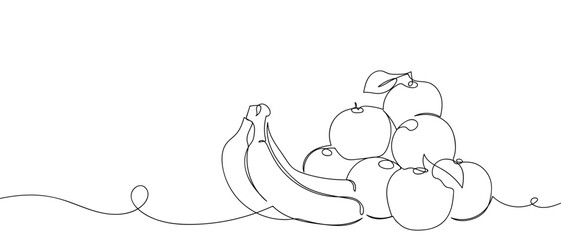 A bunch of bananas and a pile of apples. One continuous line. Vector art line. Hand drawn doodle line art linear drawing editable stroke