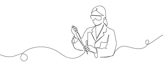 Female researcher experimenting with chemicals. One continuous line. Vector line art. Hand drawn doodle line art linear drawing editable stroke