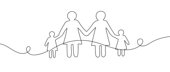 Four women, adults and children, one continuous line, vector art line. Hand drawn doodle line art linear drawing editable stroke