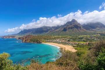 Scenic panorama of a mountain village from a high vantage point overlooking rugged peaks