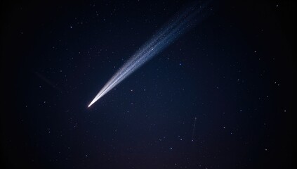 Two glowing meteorites streak across the dark sky.