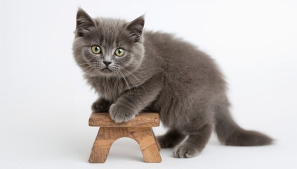 Russian Blue kitten standing on a small wooden stool, gazing at the camera with vivid green eyes against a white backdrop.