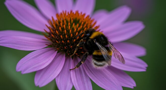 A close-up view of a bumblebee pollinating a purple coneflower in a garden setting
