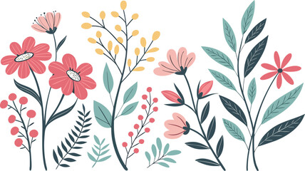 Fototapeta premium Beautiful romantic flower collection vector illustration of colorful floral collection featuring various flowers, leaves, and branches in flat modern style. Includes floral bouquets, flower compositio