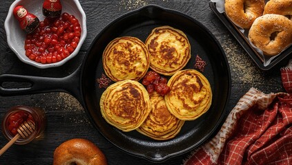 Traditional Slavic Festival Foods Featuring Pancakes, Honey, Bread Bagels, and Red Caviar on a Dark Surface