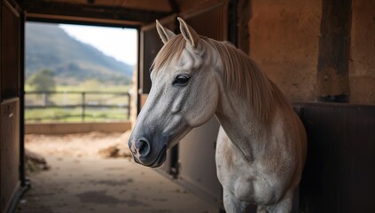 Obraz premium Tired horse resting after a long ride, white coat, natural setting, mammal, wildlife, stable environment
