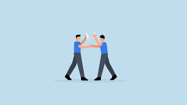 Dishonesty partnership, businessmen shake hands, both wearing masks to conceal true intentions