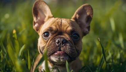 Fototapeta premium Portrait of a French Bulldog in a Lush Green Field