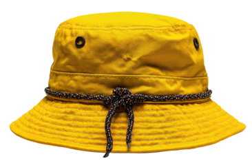 Golden bucket hat with dark cord accent band & black eyelets