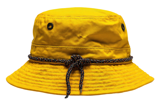 Golden bucket hat with dark cord accent band & black eyelets