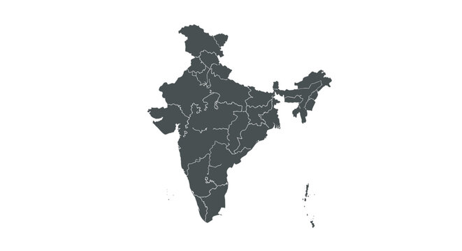 Detailed silhouette map of india with state borders on white background