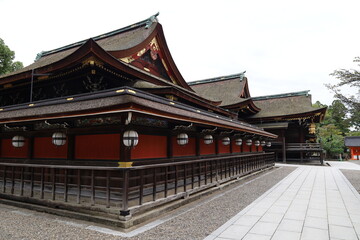 A Japanese shrine : a scene of the back side of Hon-den Main Hall in the precincts of Kitano-tenmangu Shrine in Kyoto City