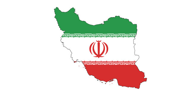Map of iran with flag colors and national emblem overlay