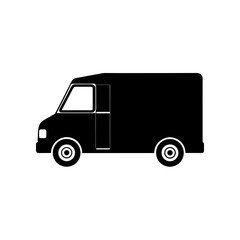 Black delivery van graphic, sleek transport icon for logistics, shipping, moving services, vector origin