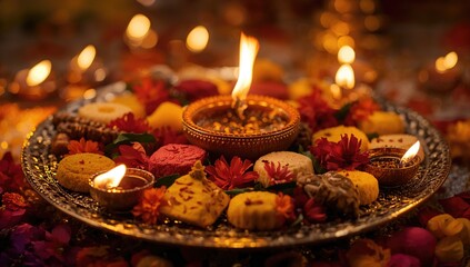 Festive Diwali Card Featuring Sweets, Fireworks, Diyas, and Floral Decorations with Selective Focus
