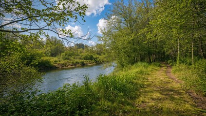 Obraz premium A peaceful river meandering through vibrant greenery in a tranquil setting