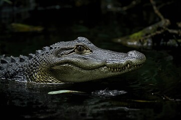 Fototapeta premium Southeast Asian freshwater crocodile in natural habitat with green and black skin close-up