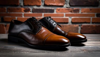 Polished brown leather dress shoes on rustic wooden surface