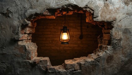 Big gap in a vintage brick barrier with a lamp suspended beyond it