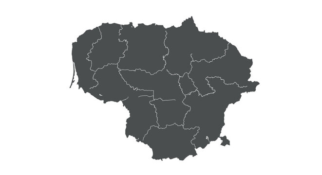 Simple outline map of lithuania with regional borders in grey