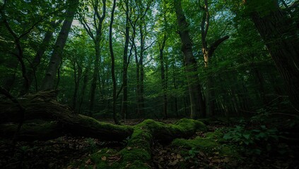 Obraz premium Interior perspective of a thick, towering woodland