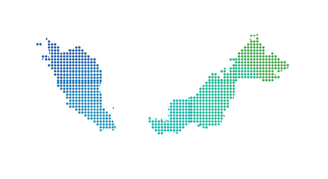 Colorful halftone map of malaysia with borneo and peninsula regions
