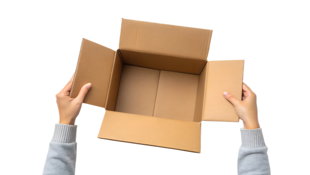 Top view of human hands holding an open brown cardboard box, empty and ready for packing or delivery. Isolated on a transparent PNG background, perfect for shipping concepts, unboxing designs, logisti