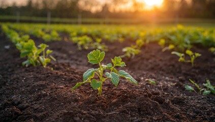 Sunrise over agricultural plots with potato crops.