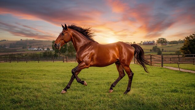 Beautiful chestnut horse running at sunset in the field