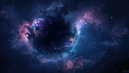 Fototapeta premium Celestial scene with clouds, twinkling stars, and a nebula backdrop. Bright fractal design showcasing vivid lights and imaginative abstraction. Cosmic elements including planets and a galaxy in deep