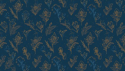 Continuous design of artistic simple hand-sketched floral outlines featuring lilies and leaf forms on a navy backdrop. Horizontal wall art, banner, or retro brochure front.